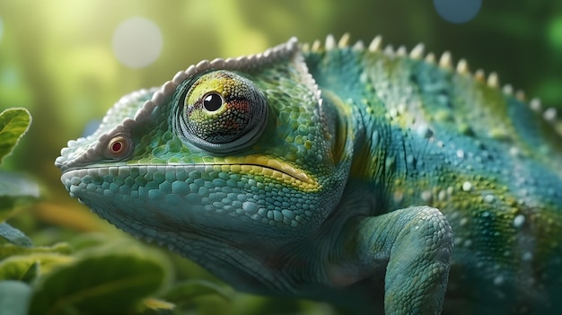 Close-up van een groene kameleon op een tak met onscherpte op de achtergrond