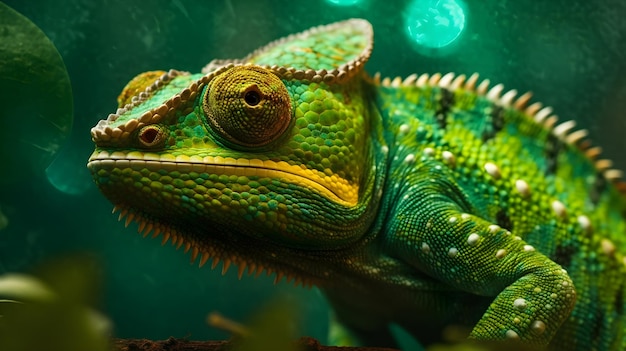 Close-up van een groene kameleon op een tak met onscherpte op de achtergrond