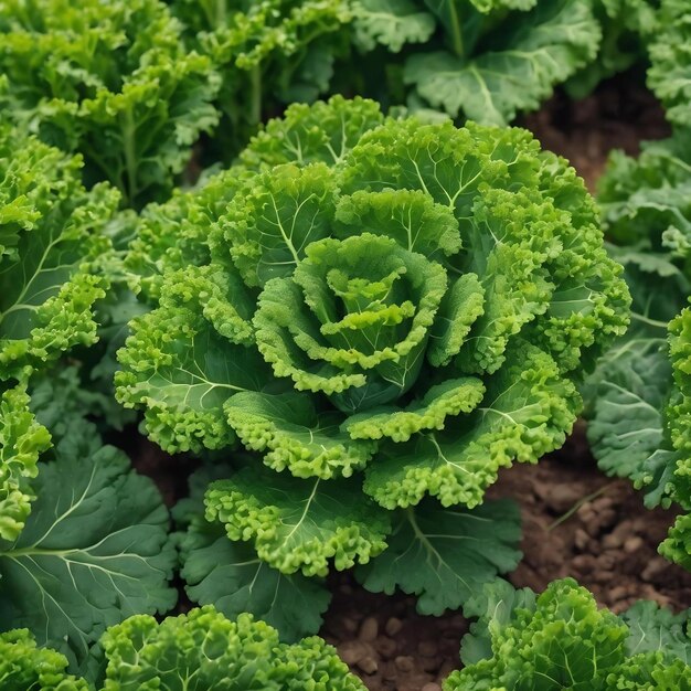 Close-up van een groene krullende boerenkoolplant in een groentetuin