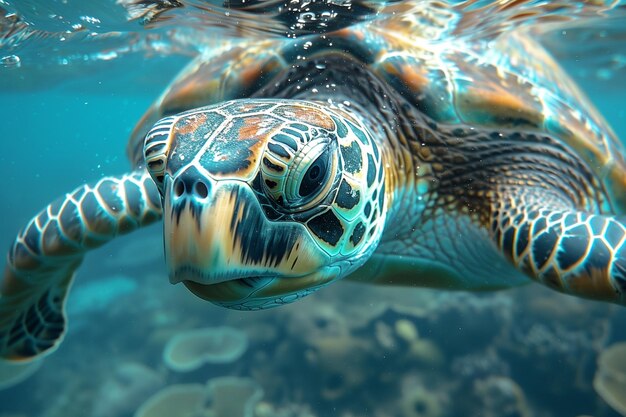 Close-up van een groene zeeschildpad die onder water zwemt onder de lichten