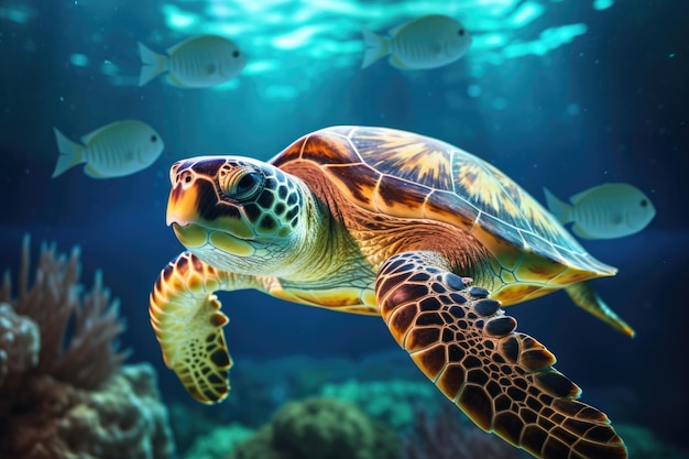 Close-up van een groene zeeschildpad die onder water zwemt