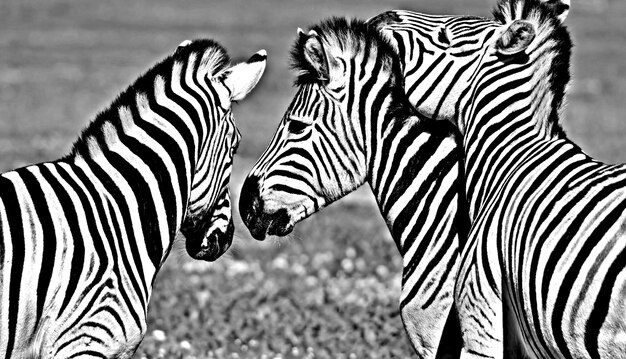 close-up van een groep Zebra's zwart-wit