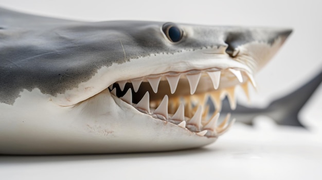 Close-up van een haaimodel met scherpe tanden en details op een witte achtergrond