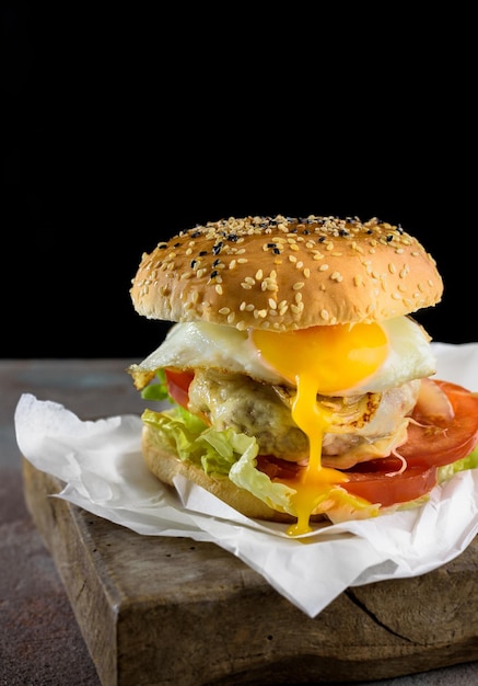 Close-up van een hamburger tegen een zwarte achtergrond