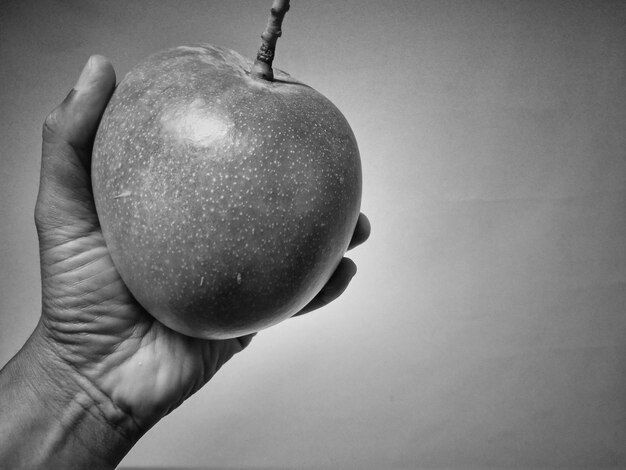 Foto close-up van een hand die een appel vasthoudt
