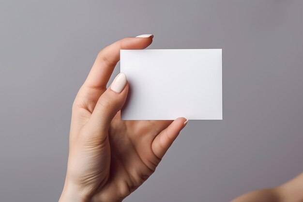 Close-up van een hand die een blanke witte kaart met een neutrale achtergrond vasthoudt