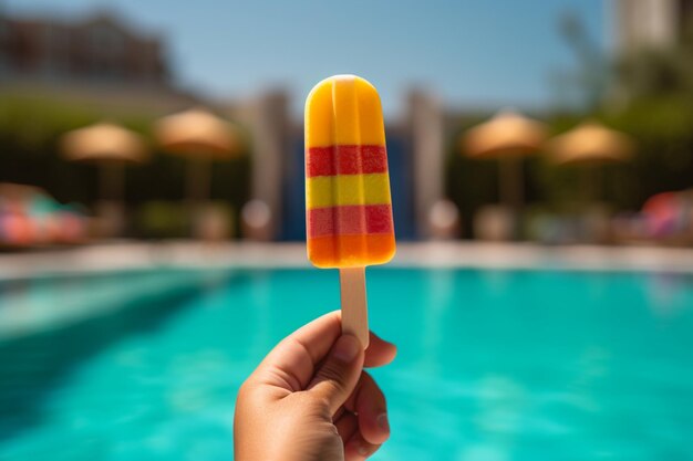 Close-up van een hand die een kleurrijke ijslolly houdt tegen een zomer aan het zwembad als achtergrond