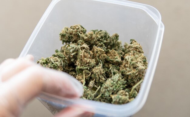 Foto close-up van een hand die medische cannabis in een container vasthoudt