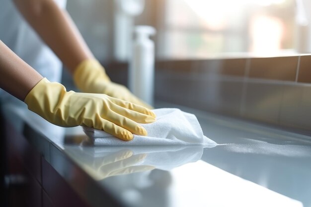 Close-up van een hand in een gele rubberen handschoen met een doek schoonmaak oppervlakken in het huis