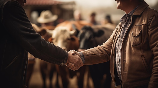 Foto close-up van een handdruk van twee senior boeren tegen de achtergrond met graaiende bruine koeien