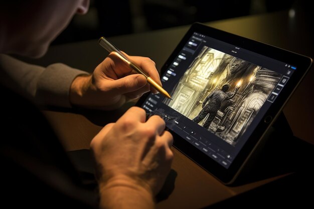 Close-up van een handtekening van een grafisch ontwerper op een digitale tablet Generatieve AI