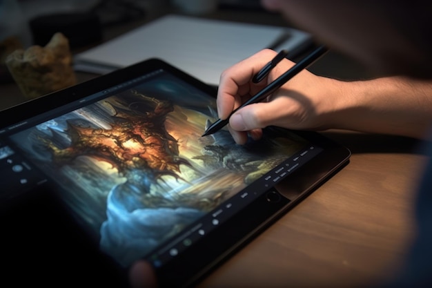 Close-up van een handtekening van een grafisch ontwerper op een digitale tablet Generatieve AI