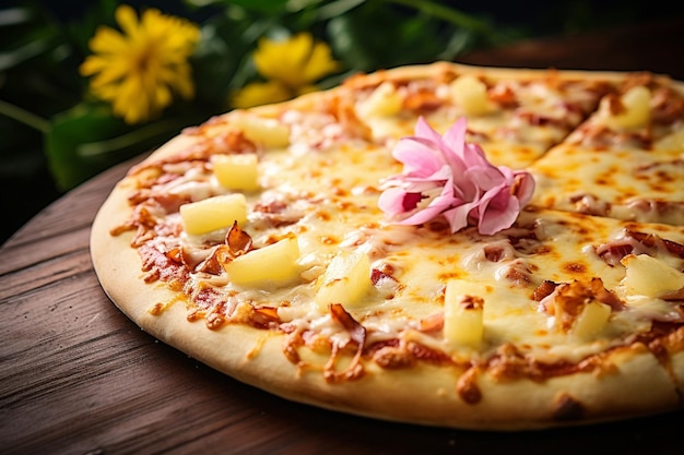 Close-up van een Hawaiiaanse pizza met plakjes gegrilde kip