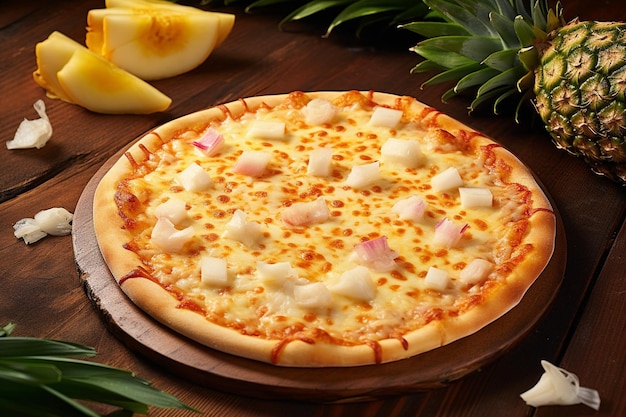 Close-up van een Hawaiiaanse pizza met plakjes gegrilde kip