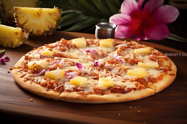 Close-up van een Hawaiiaanse pizza met plakjes gegrilde kip