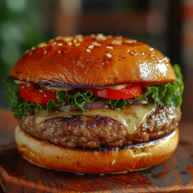 Close-up van een heerlijke cheeseburger met tomaten, ui en sla op een sesamzaadbroodje