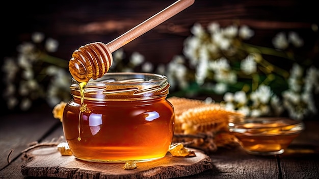 Close-up van een heerlijke honingpot met een honingdipper op een houten tafel