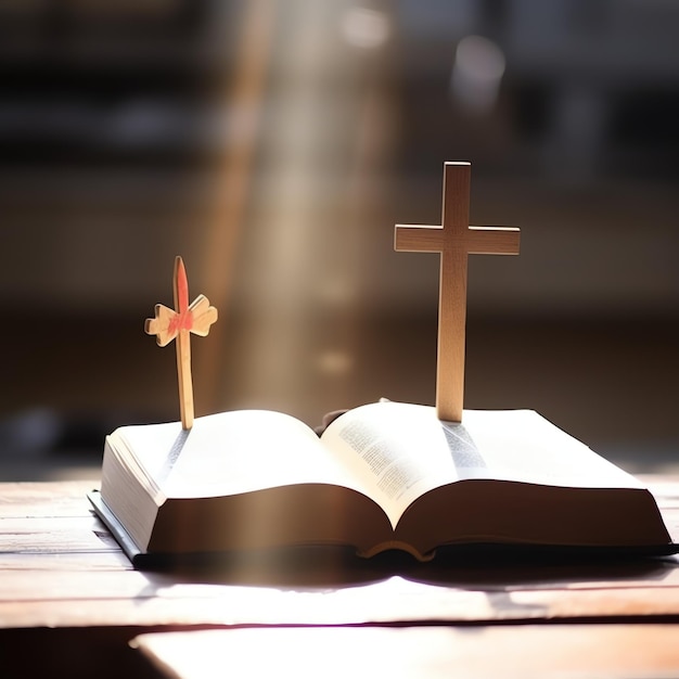 Close-up van een heilige bijbel en christelijk kruis op een houten tafel Gelukkige Goede Vrijdag of religie concept