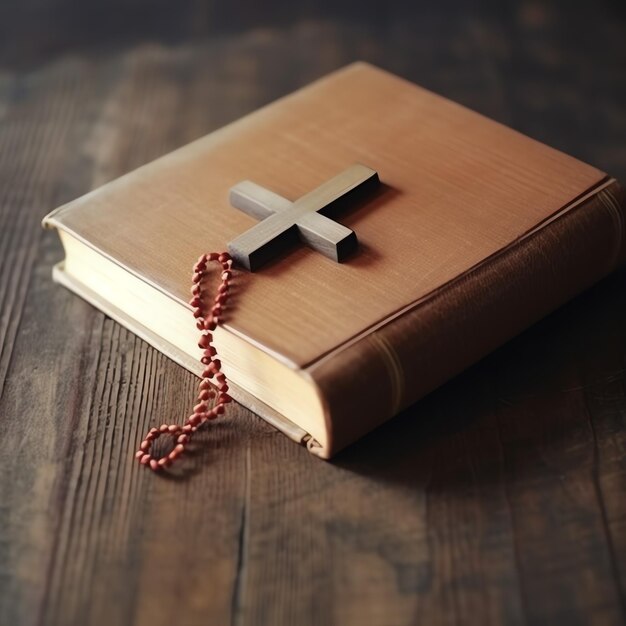 Foto close-up van een heilige bijbel en christelijk kruis op een houten tafel gelukkige goede vrijdag of religie concept