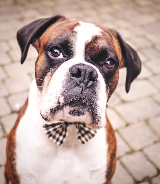 Close-up van een hond die een vlinderdas draagt op straat