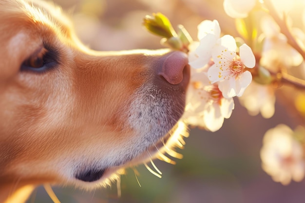 Close-up van een hond die een voorjaarsbloesem ruikt Een hond die een bloem ruikt Generatieve AI