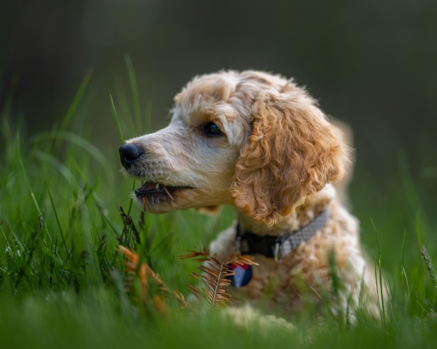 Close-up van een hond die wegkijkt op het veld