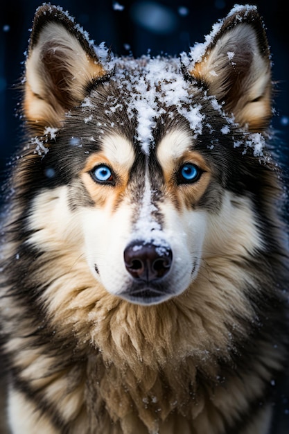 Close-up van een hond met blauwe ogen in de sneeuw Generatieve AI