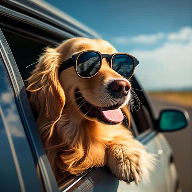 Close-up van een hond met een zonnebril en met zijn hoofd naar de zijkant gekanteld generatieve ai