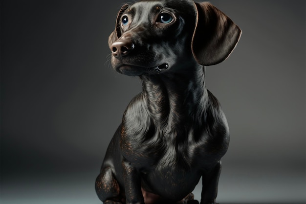 Close-up van een hond op een grijze achtergrond