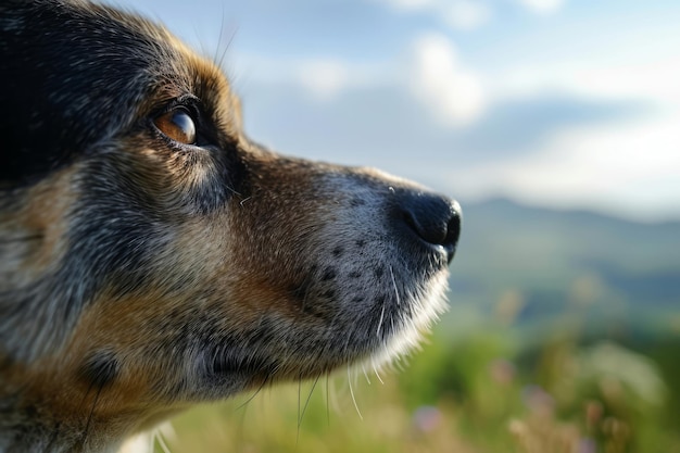 Foto close-up van een hondenneus met een wazig voorjaarslandschap op de achtergrond leuke huisdier generatieve ai