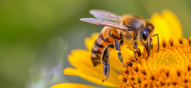 Close-up van een honingbij die een levendige gele bloem bestuift