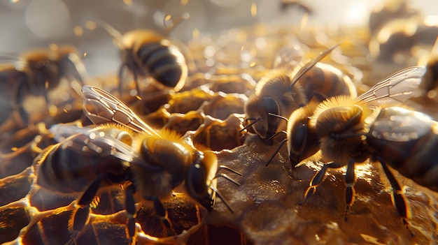 Foto close-up van een honingbij op de korf met een wazige achtergrond