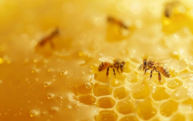 Close-up van een honingraat gevuld met gouden honing met werkende bijen die op het oppervlak kruipen
