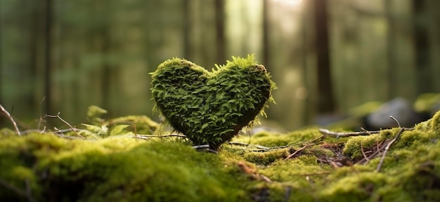 Close-up van een houten hart op mos Natuurlijke begraafplaats in het bos Generatieve AI