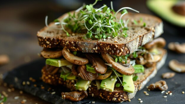 Close-up van een houten hoorn paddenstoel broodje met avocado en spruiten op volkoren brood
