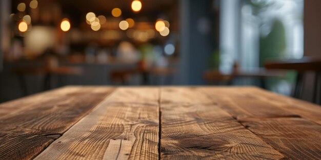 Close-up van een houten tafel met wazige achtergrondverlichting.
