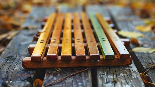 Foto close-up van een houten xylofoon op een houten tafel met een wazige achtergrond de xylofon is gemaakt van natuurlijk hout