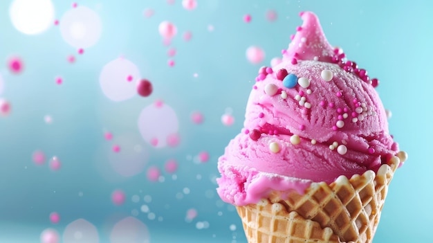 Close-up van een ijsje met een roze ijsje in een wafelkegel op een blauwe achtergrond met aardbeien- of framboosgeur Zoet dessert versierd met kleurrijke besprinkelingen