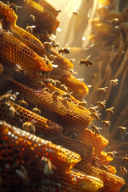 Foto close-up van een ingewikkelde bijenkorf met levendige honingraat in een zonnige omgeving