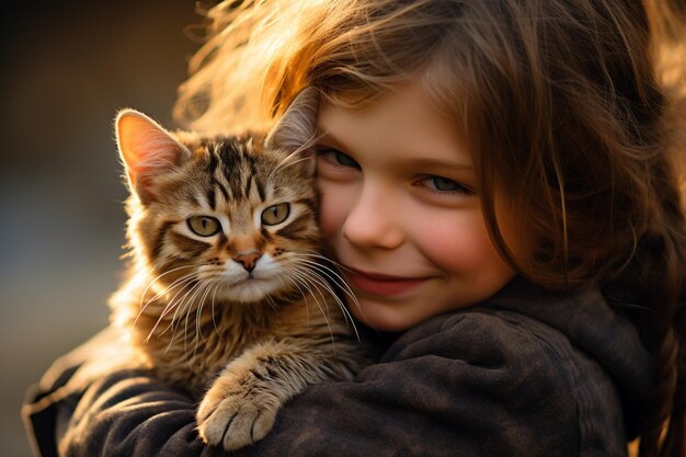 close-up van een jong meisje die haar kat bokeh stijl achtergrond knuffelt