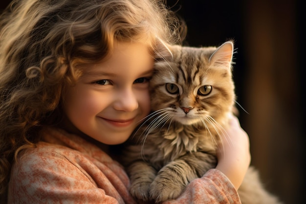 close-up van een jong meisje die haar kat bokeh stijl achtergrond knuffelt