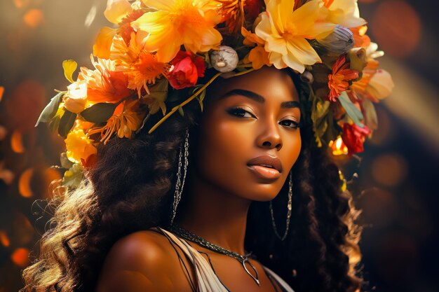 Foto close-up van een jonge afrikaanse vrouw met een bloemenkroon op haar hoofd