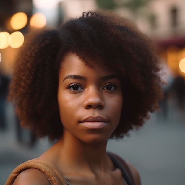 Close-up van een jonge Afro-Amerikaanse vrouw die naar de camera kijkt, gegenereerd met AI