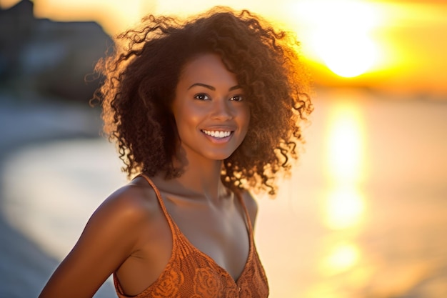 Close-up van een jonge Afro-Amerikaanse vrouw op het strand Gouden uur