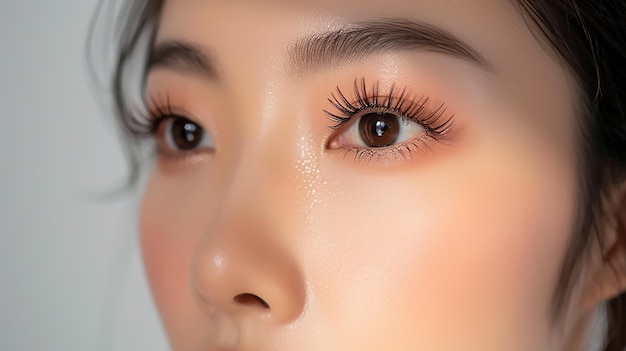 Close-up van een jonge Aziatische vrouw met lichte make-up haar ogen prachtig versterkt door lange