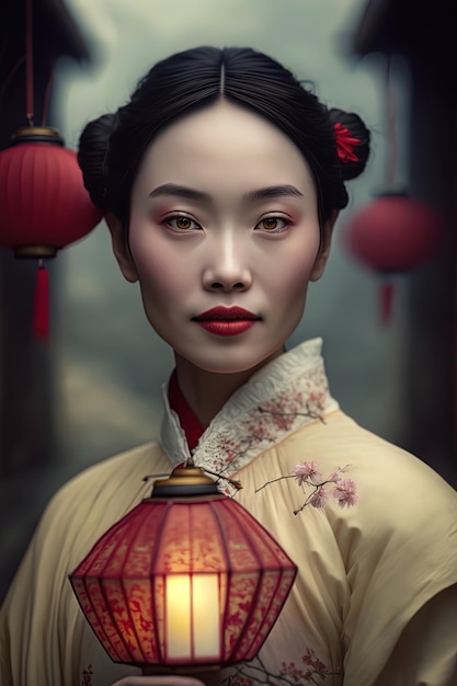 Close-up van een jonge Chinese vrouw verkleed als een geisha die het kersenbloesemfestival in Zhangjiajie viert met Chinese lantaarn AIGenerated