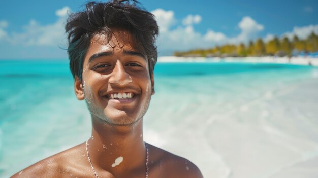 Close-up van een jonge glimlachende Indiase man die op het strand loopt.