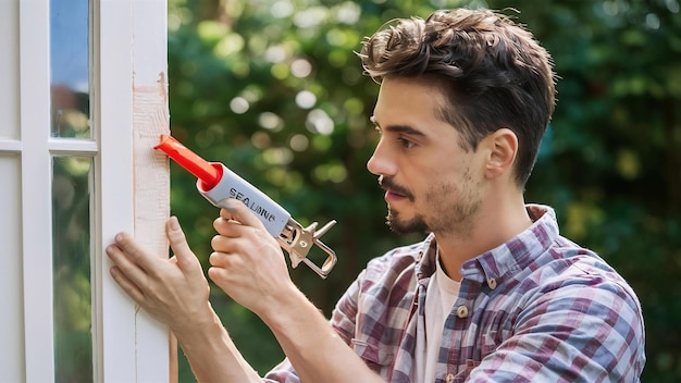 Close-up van een jonge handyman die met een afdichtingspistool afdichting aan een deur doet