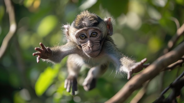 Close-up van een jonge makak die door de takken springt met zijn vacht achter hem vliegend terwijl hij naar