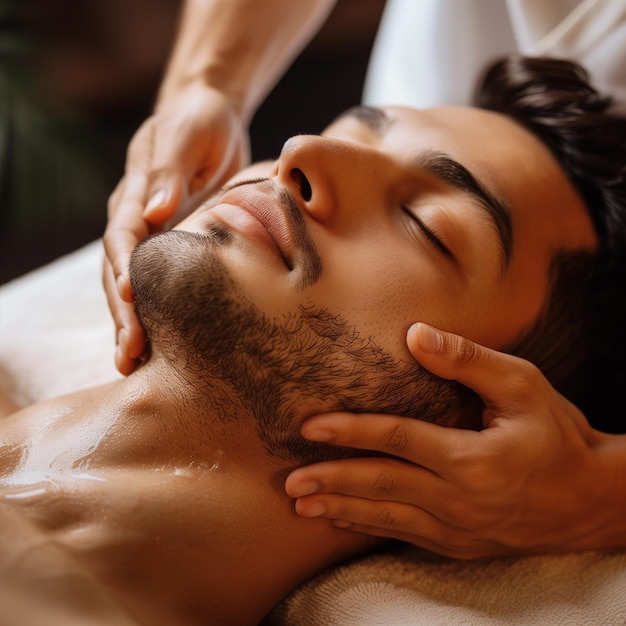 Close-up van een jonge man uit het Midden-Oosten die een massage krijgt in een spa salon